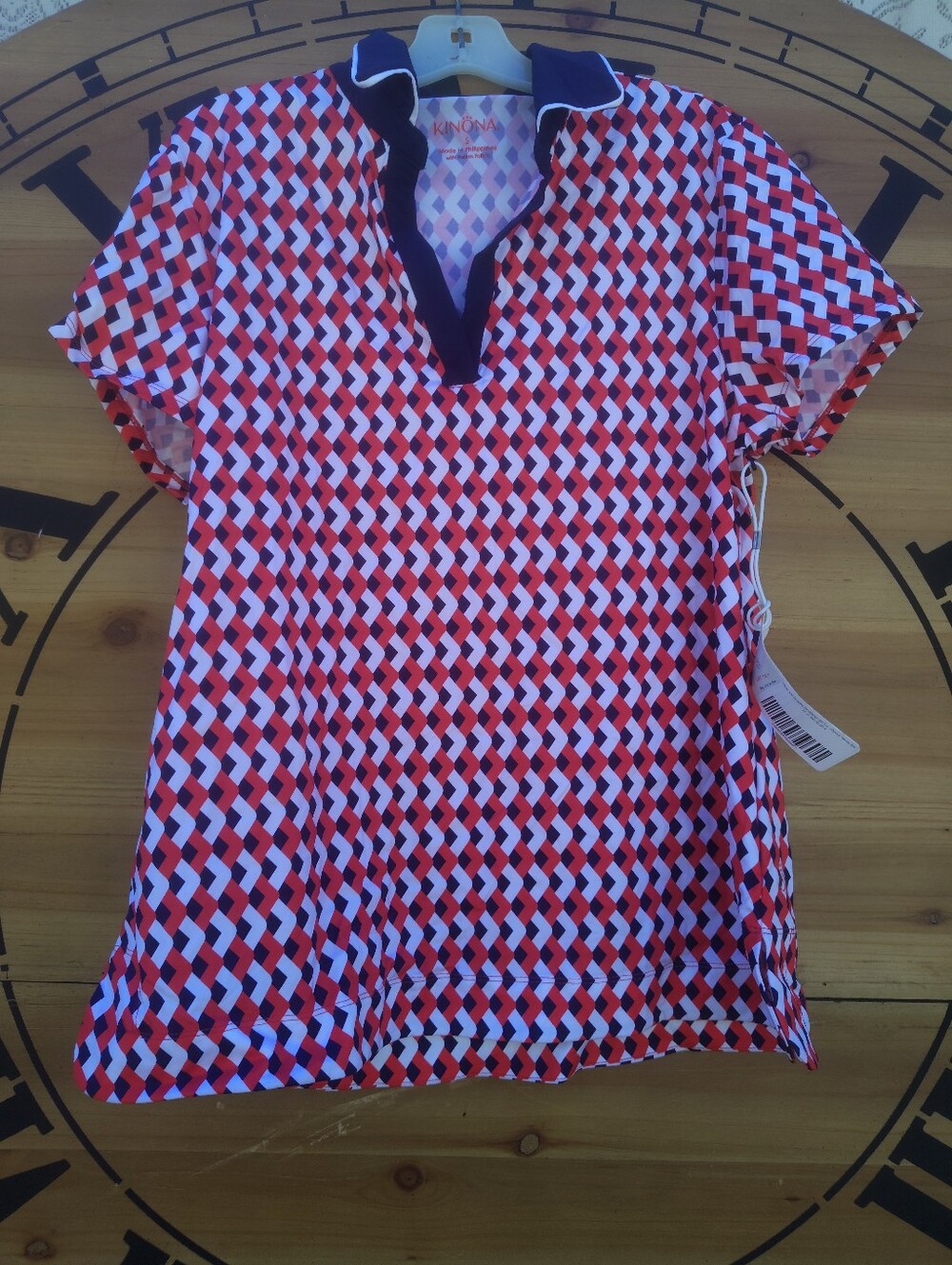 Kinona Red Navy White Geometric Short Sleeve Polo